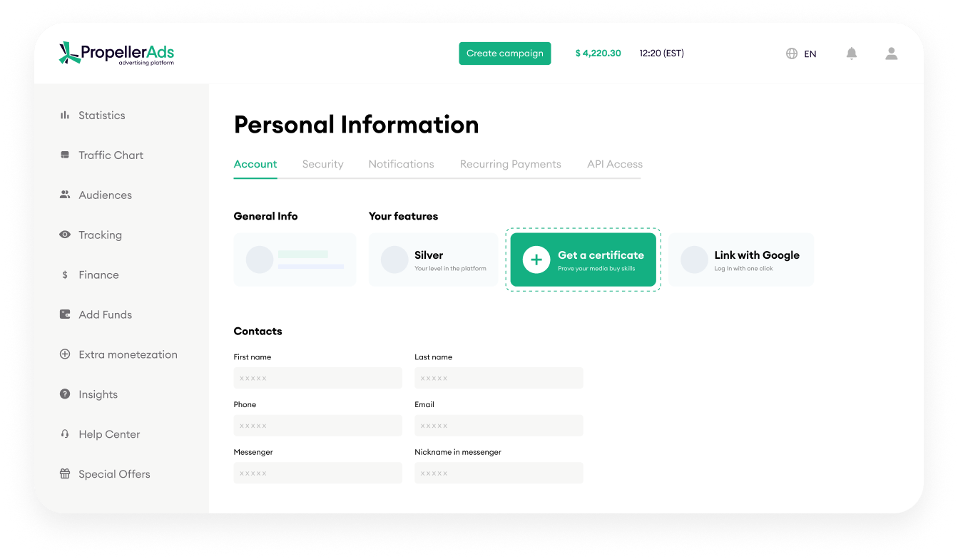 Select <span>“Get a certificate”</span> and start the test! Remember to write there your full name.