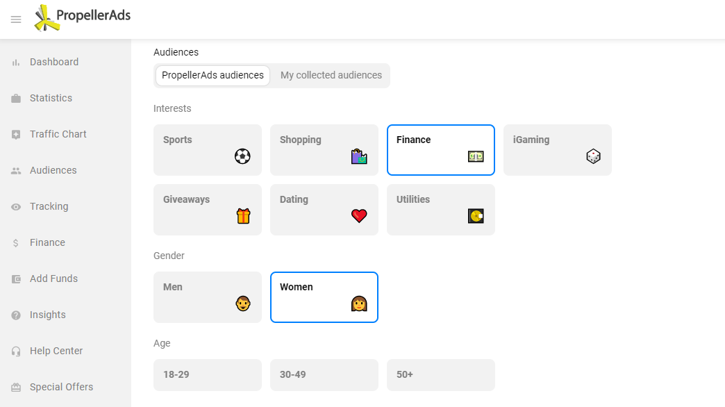 propellerads - interest and demographic targeting